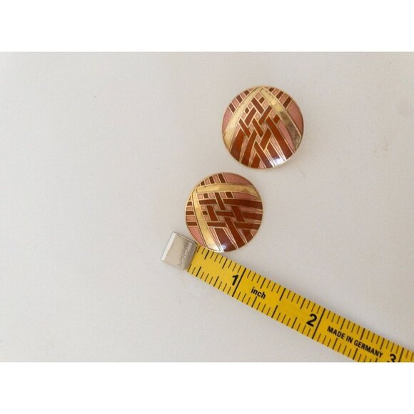Vintage Damascene Earrings Round Gold & Brown Geometric Design - Picture 3 of 6